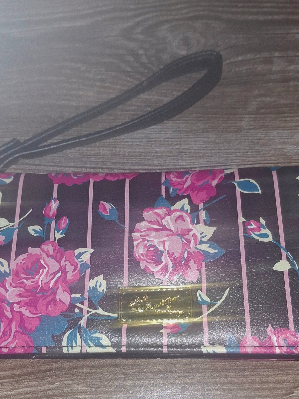 Floral Pink Stripe Wristlet Wallet with Gold Plaque